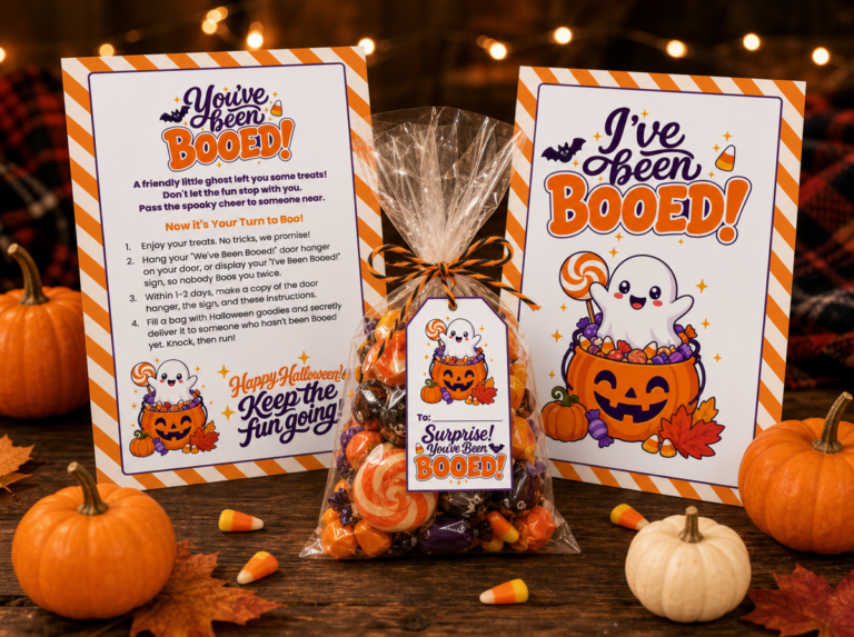 You've Been Booed printable signs and gift tag on a Halloween treat bag